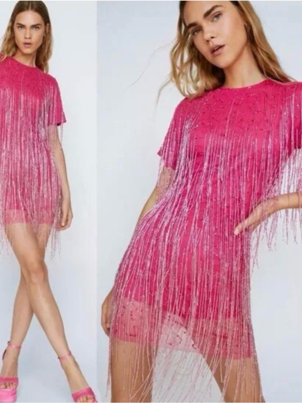 Nasty Gal Hot Pink Beaded Fringe Mini Shift Dress - Women
